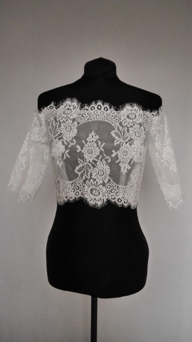 NOWE koronkowe białe bolerko ślubne r36 rękawki guziczki