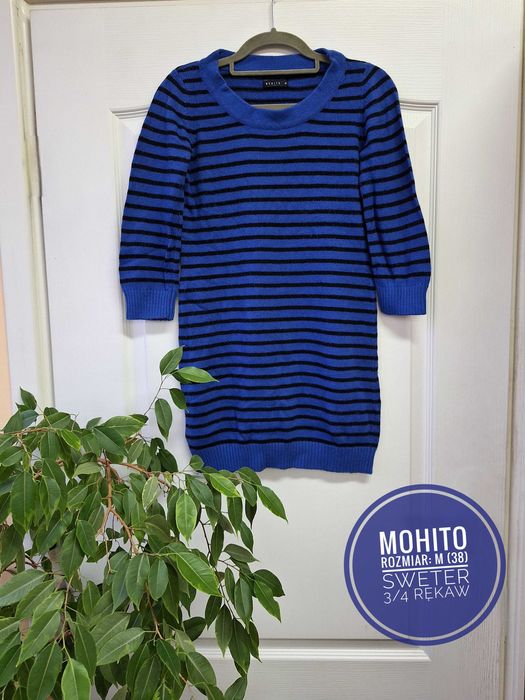 Sweter niebieski w czarne paski 3/4 rękaw miękki długi Mohito M (38)