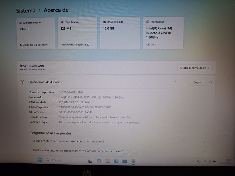 Portátil HP 250 G7 i5 8th gen 16gb RAM