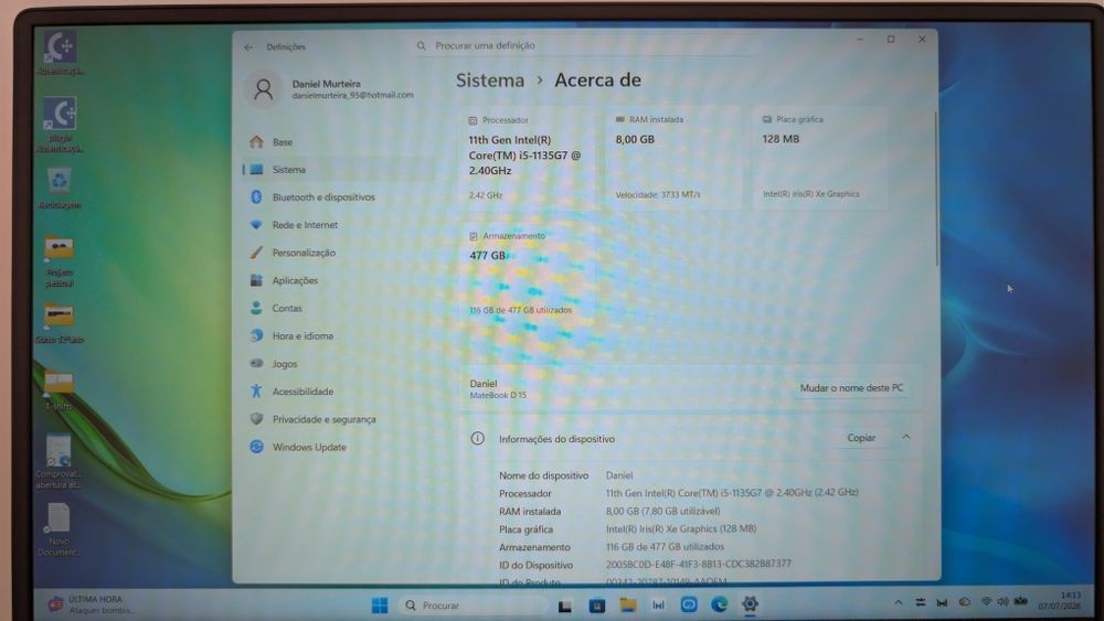 Huawei MateBook D15 | Intel Core i5 11ª Geração | Windows 11 | Muito Bom Estado