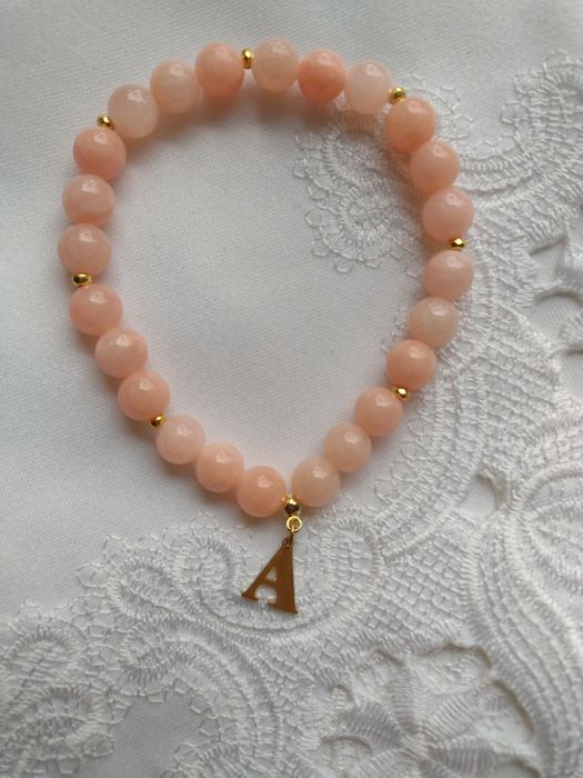 bransoletka 20cm jadeit łososiowy i literka A