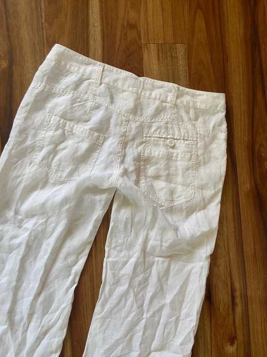 Len linien organic dzwony szwedy biale spodnie proste 7/8 kuloty