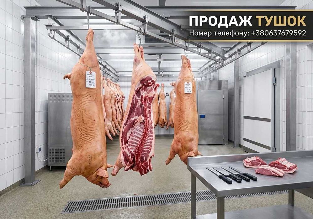 Тушки свинини від 110 кг +. Сало гарно висмалене, м’ясо охолоджене.