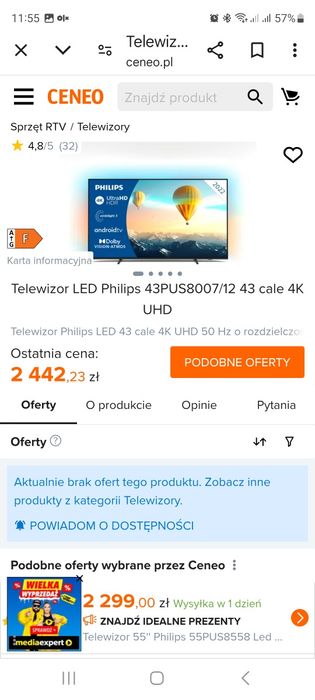 telewizor smarttv LED 43 cale philips Ambilight 4K Ultra HD android TV
