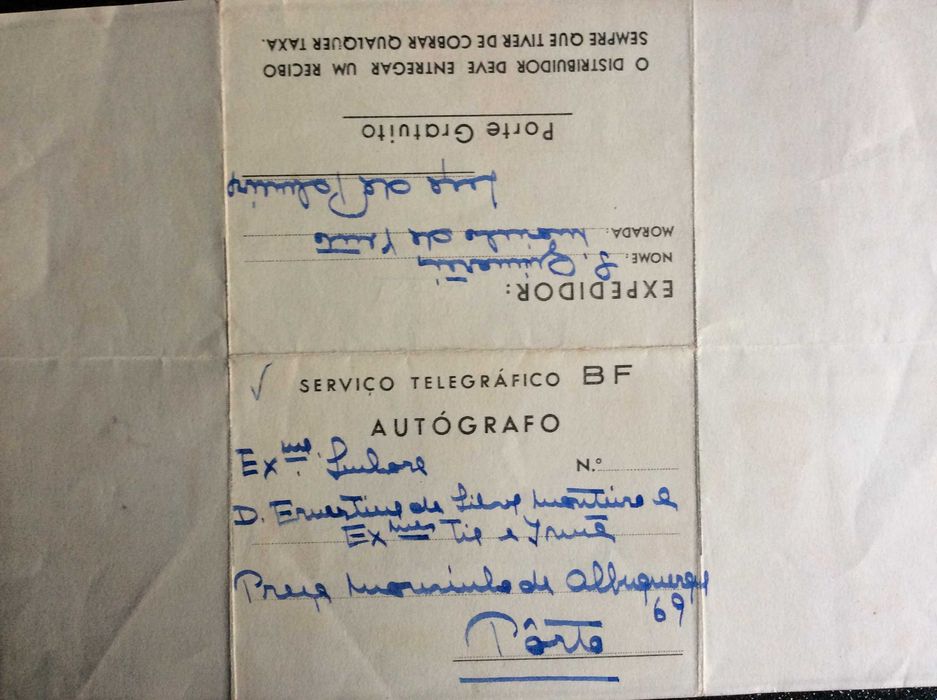 CTT Servico Telegrafico BF2A Autografo.Telegrama de Boas Festas, 195?