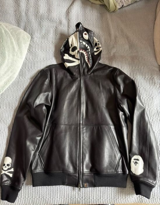 BAPE× MMJ LEATHER SHARK HOODIE JACKET A Bthing Ape mastermind бейп шар