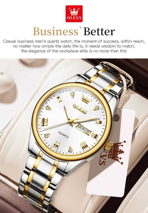 Męski zegarek kwarcowy Olevs 40mm srebrno złoty bransoleta WR30 BOX