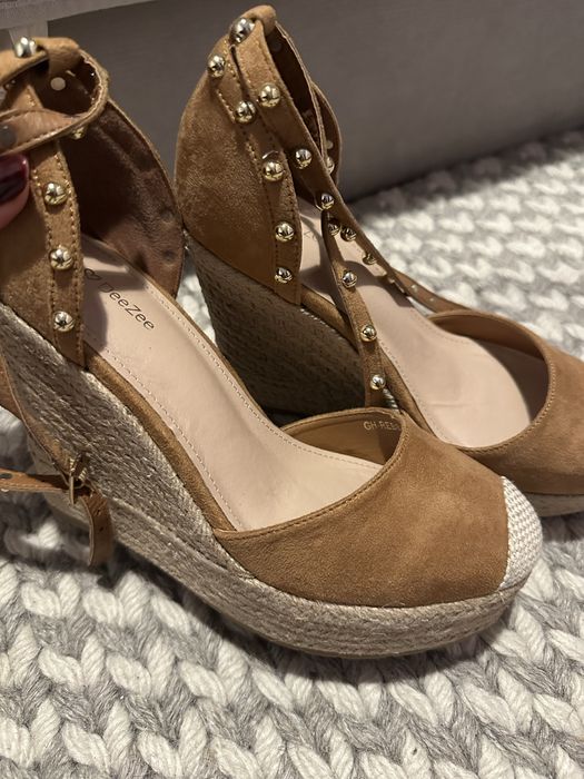 Deezee 39 espadryle beż na koturnie lato wysokie sandały