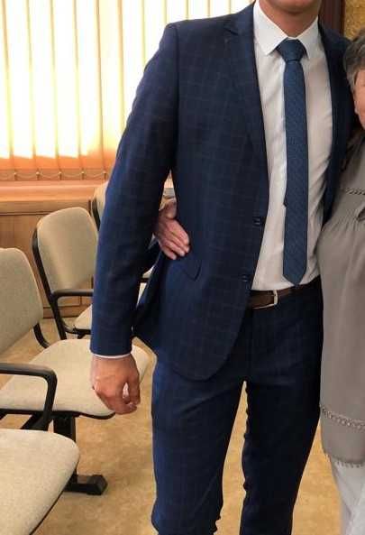 Garnitur w kratę granatowy ślub wesele elegancki wełna