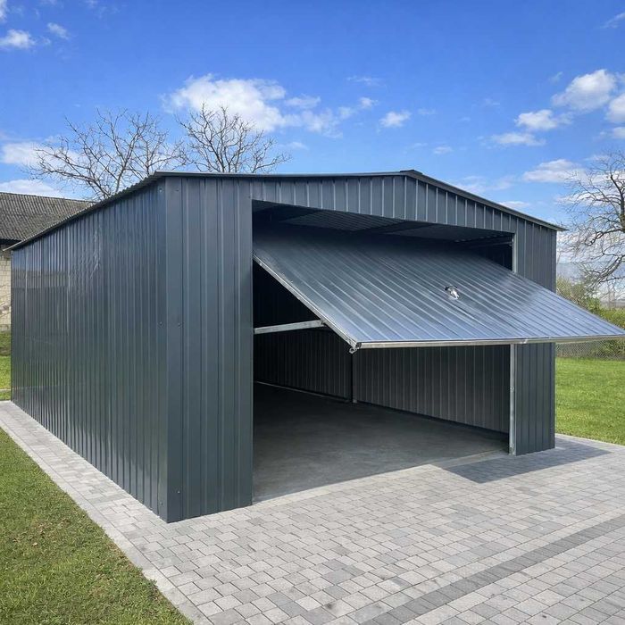 Garaż blaszany 4x5 RAL 7016 Brama Podnoszona Dach Dwuspadowy, Obróbki