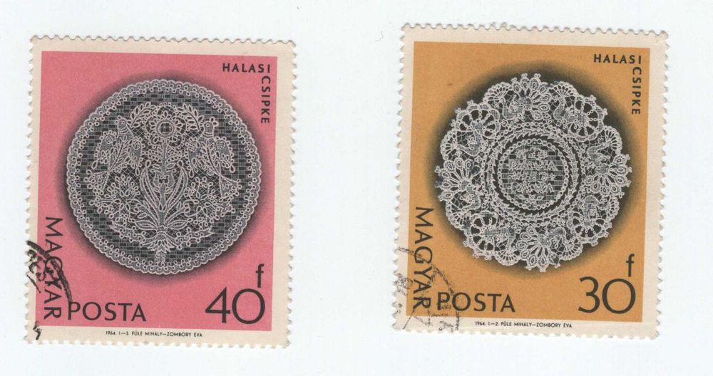Dwa znaczki koronka HALASI CSIPKE, 40 i 30 węgierskich forintów