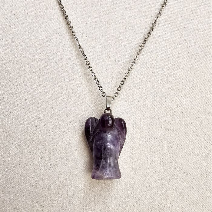 Stainless Steel Necklace with Guardian Angel Pendant in Amethyst
