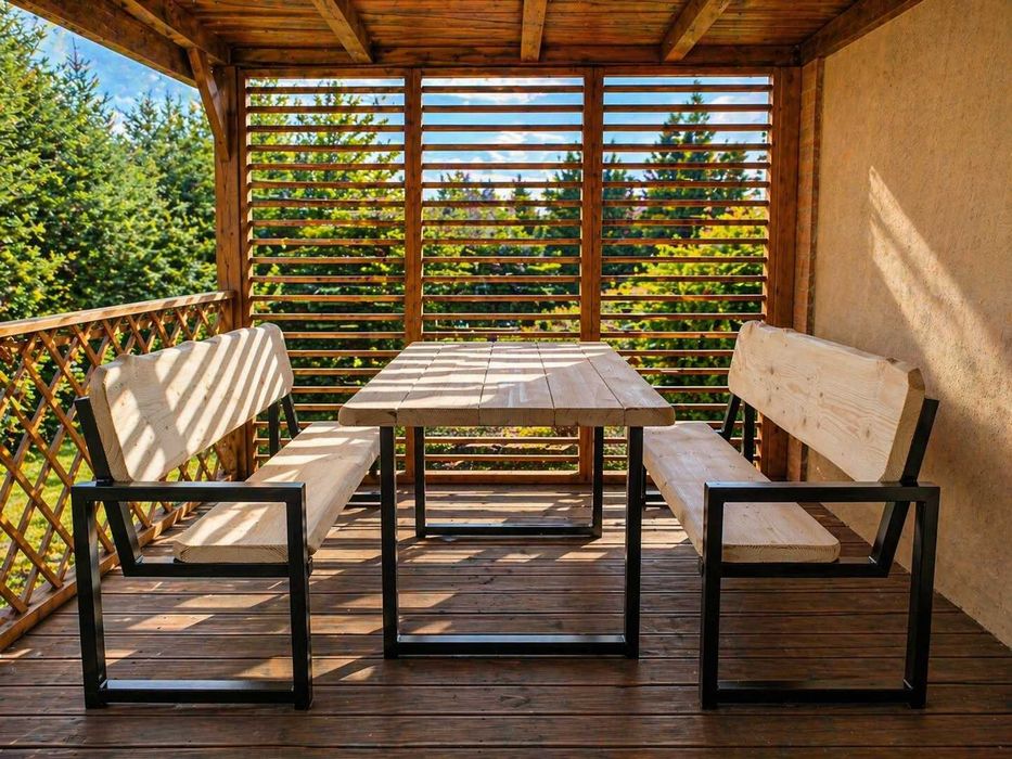Meble ogrodowe LOFT. Lite drewno + metal. Meble ogrodowe industrialne na taras do altany. Stół ławka Meble biesiadne drewniane stal