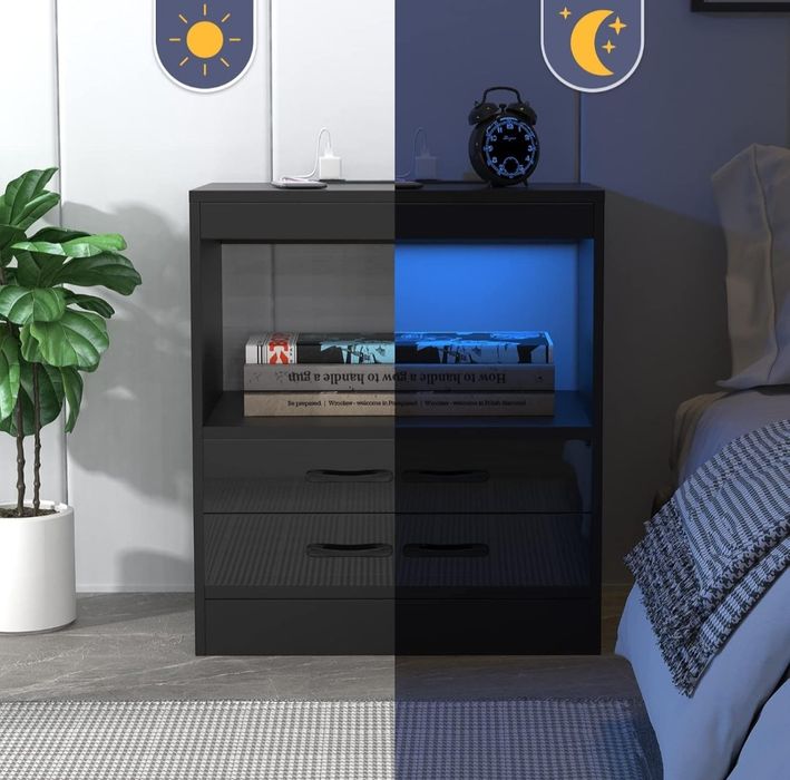 Mesa de Cabeceira com LED RGB e Tomadas USB