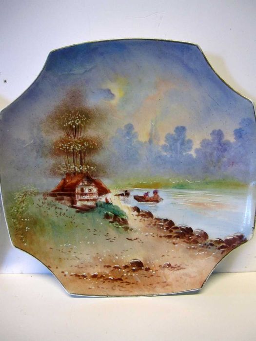 2 fantásticos antigos pratos franceses de pintados à mão-paisagens