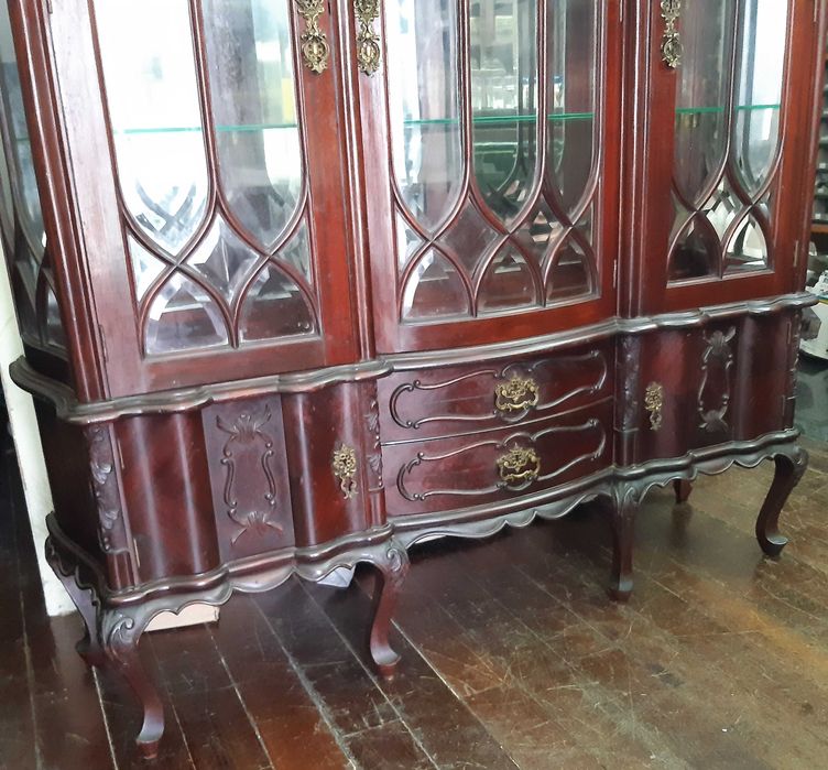 Retro Vintage Antiga Linda Cristaleira Madeira Maciça Trabalhada Vidro