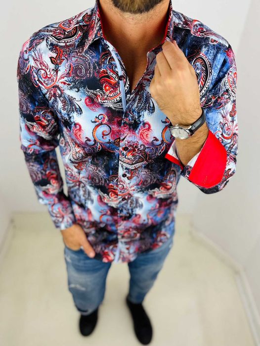DANIEL BESSI Koszula męska fb103 kwiaty jeans czerwony niebieski