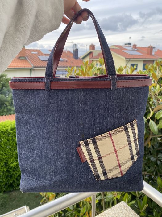 Burberry Lola Bucket Bag - Blue Denim & Leather with Check Pocket