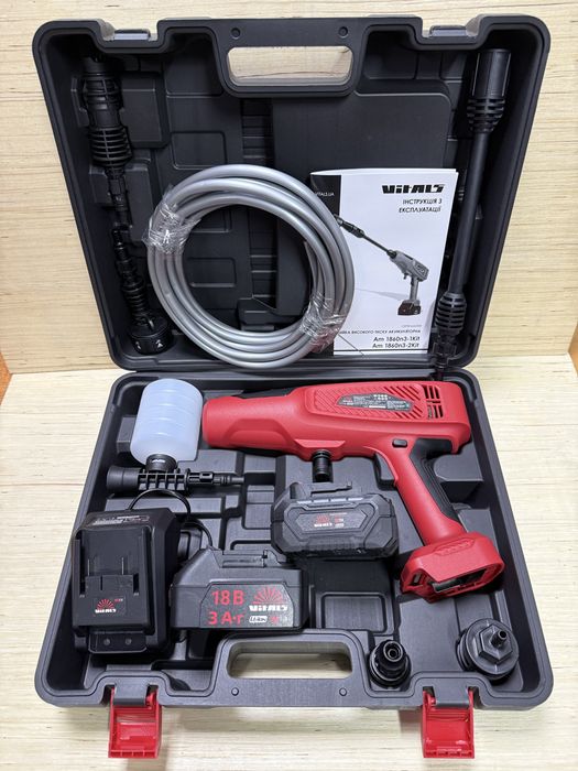 АКЦІЯ ! Акумуляторна мийка високого тиску Vitals Master Am 1860n3-1Kit 60 Бар / 2 акумулятори 3 А/г + ЗП/ Безщітковий двигун/ Гарантія 3 роки
