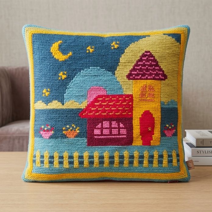 Almofada em Ponto de Arraiolos Feita à Mão (49x46 cm) – Motivo Casinha e Lua