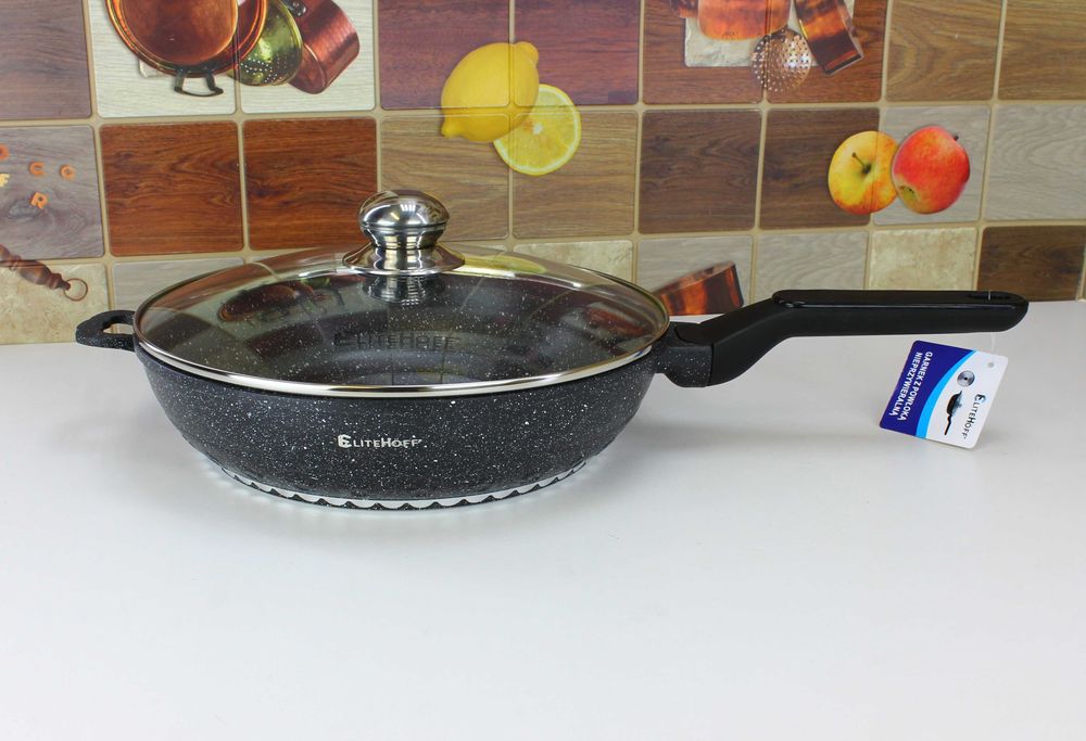 Solidna Głęboka Patelnia 28cm z pokrywą EliteHoff E7024 czarna