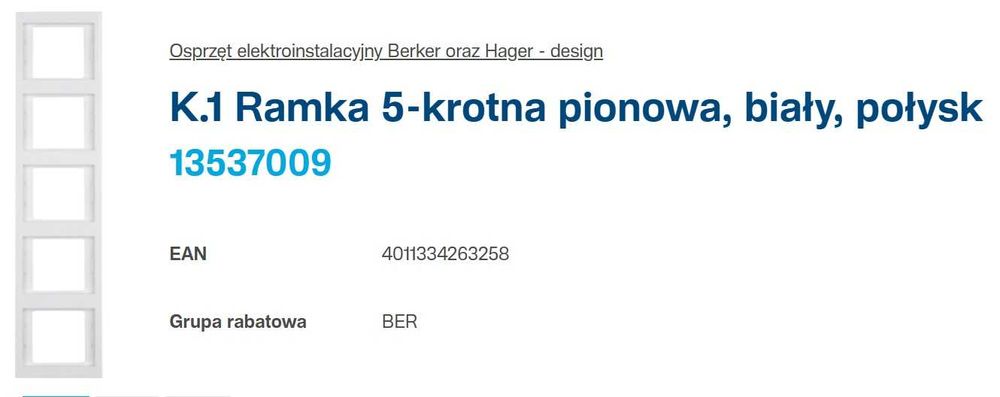 Berker K.1 Ramka pięciokrotna pionowa Biały połysk