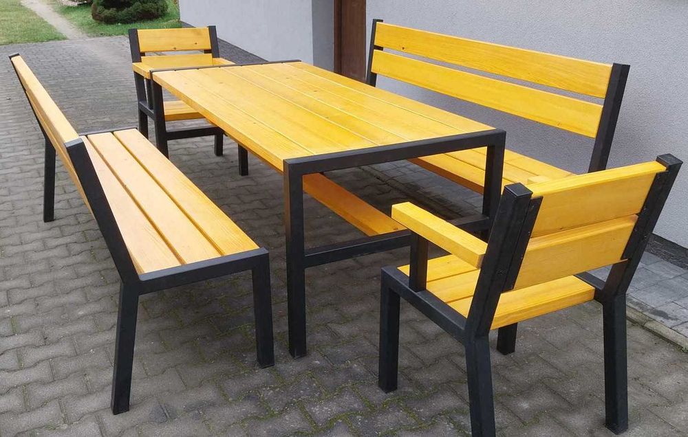 Ogrodowe meble drewniane + metal ocynk stół 2 ławki 2 fotele zestaw