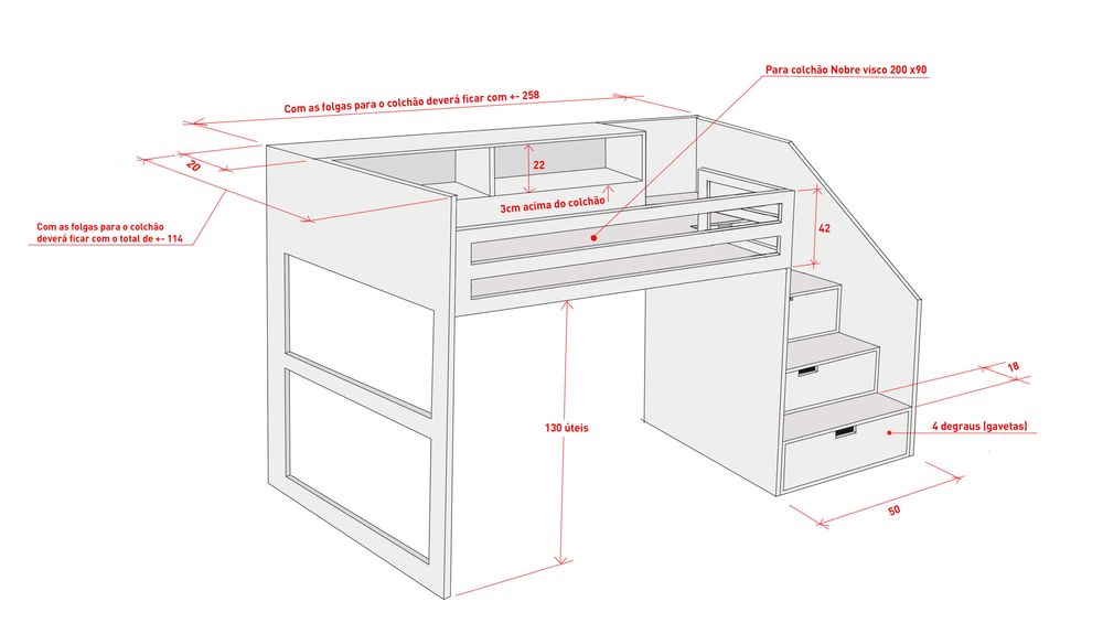 Cama elevada em madeira maciça – desenho personalizado