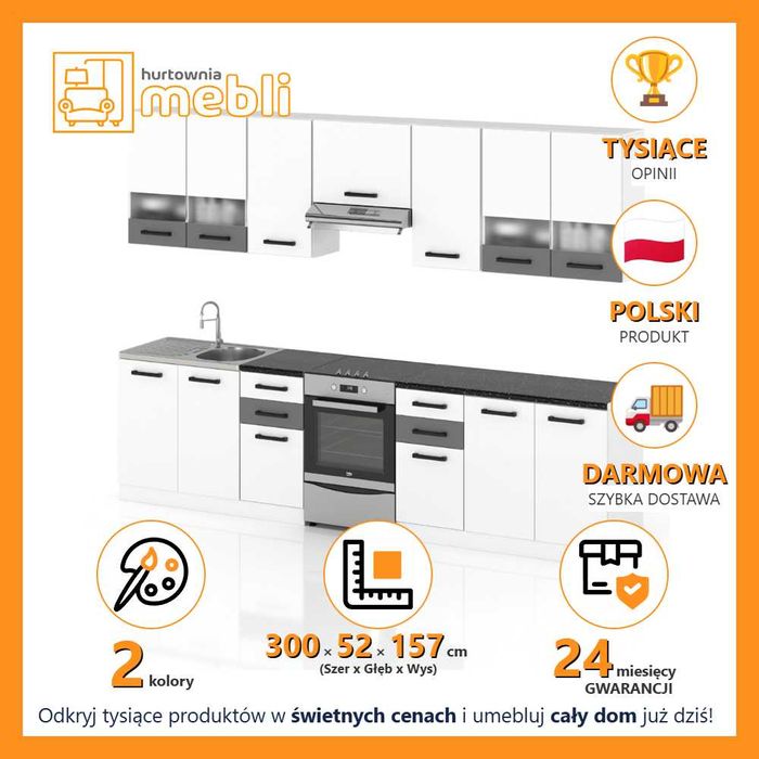 Kuchnia Nowoczesna Elio 3.0m Zestaw Kuchenny Z Blatem Modułowy Duży