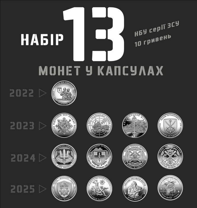 Набір 13 монет серії ЗСУ 10 грн 2022-2025 у капсулах + ОЛХ-доставка