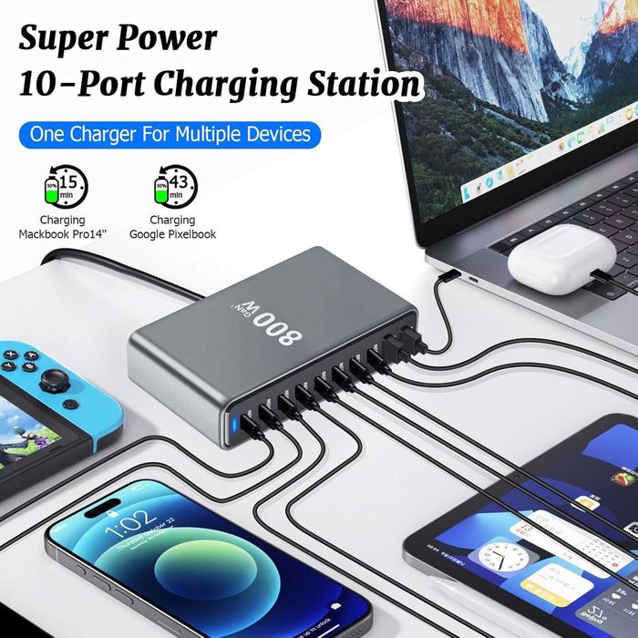 Ładowarka USB C 800 W, USB, PD 140 W, 100 W, 65 W, 10 portów
