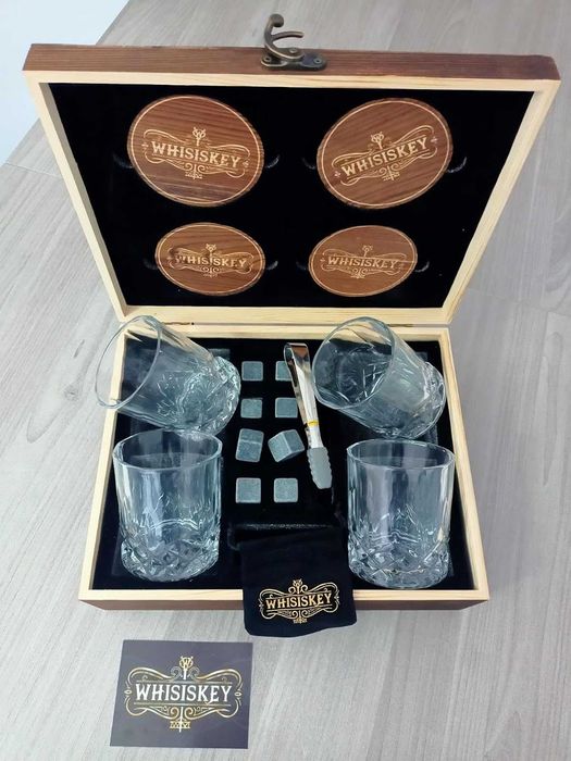 Zestaw do Whisky Szklanki Kamienie Pudełko Prezent + GRATIS Podkładki