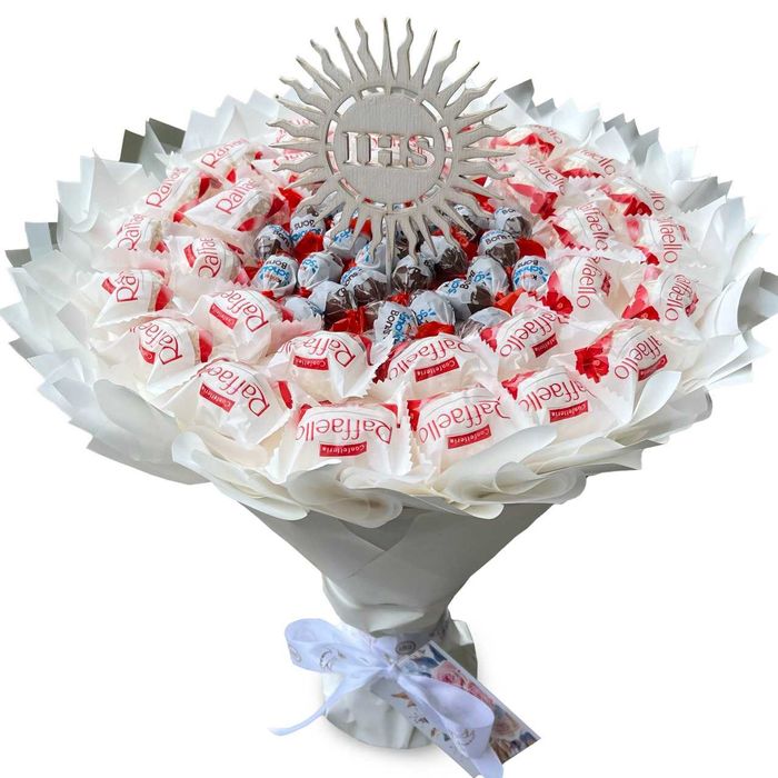 Bukiet ze słodyczy dla dziecka na Komunię. Prezent. Pamiątka Komunia