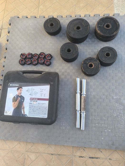 Kit musculação completo 152kg + suporte de discos + halteres + bloqueadores