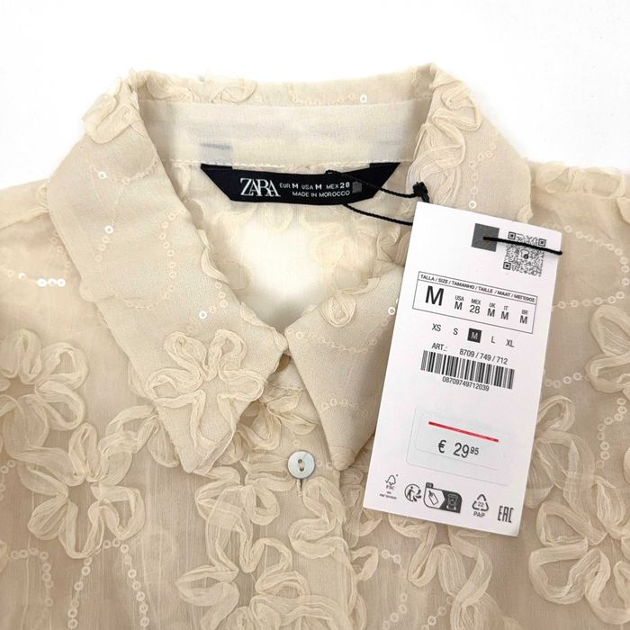 Camisa Transparente de Renda com Lantejoulas Zara M Elegante
