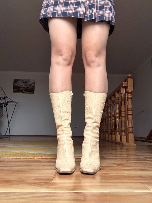 Кремові шкіряні чоботи, сапожки на підборах (Made in Italy, Vero Cuoio