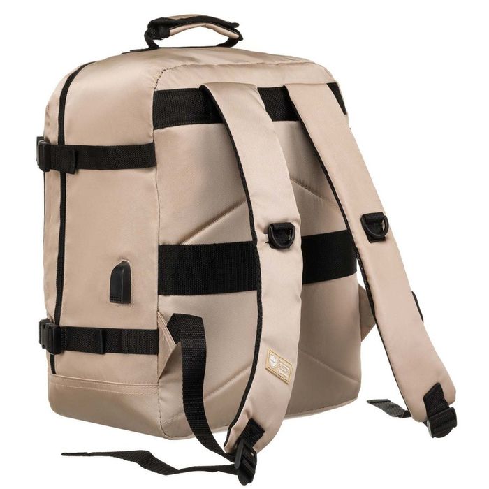 beżowy plecak kabinowy z wodoodpornego poliestru wyposażony w uchwyt