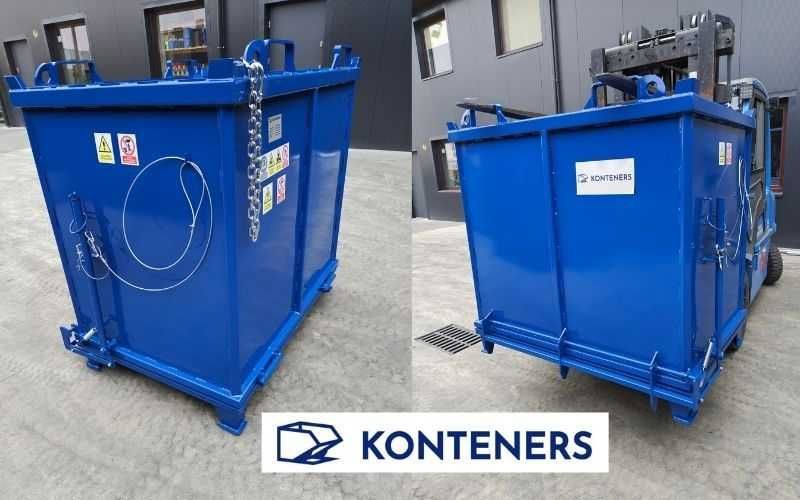 Kontener z otwieranym dnem, z dolną klapą, spodem do wózka widłowego 1,5m3 1500 L, na odpady z prduckcji złom / drewno / trociny