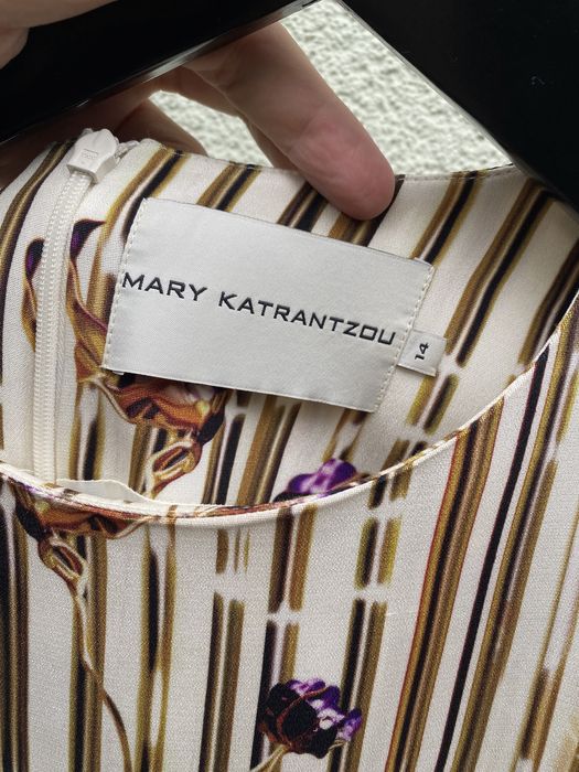 Czerwona złota kolorowa jedwabna sukienka midi Mary Katrantzou