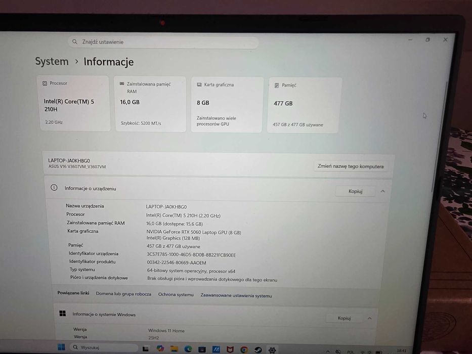 !!! OKAZJA - ASUS V16 - Stan idealny! Nowy w cenie 4895zl (-20%) !!!