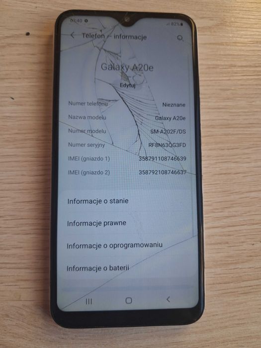Telefon Samsung Galaxy A20E 3/32 gb Biały uszkodzony SM-A202F/DS