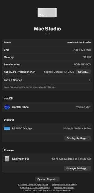 Apple MacStudio M2 Max 32 GB (Incluí Apple Care até 10/2026)