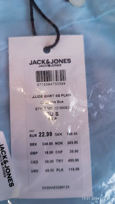 Koszula męska Jack and Jones krótki rękaw niebieska