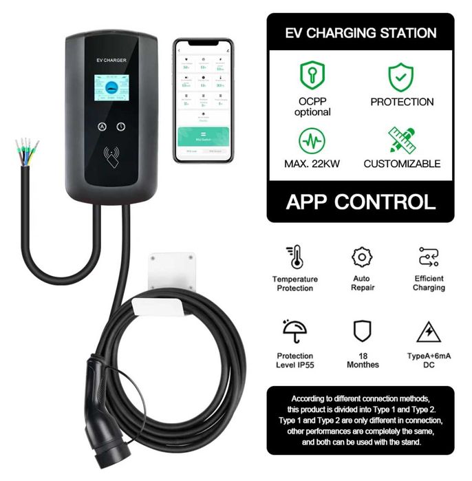 Wallbox Carregador 7kw - 32A - C/ APP e Cartões - Carros Eletricos