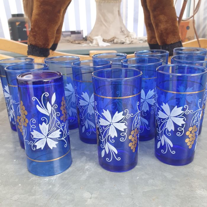 Vintage Blue Juice Glasses with grape and flower design Italy 35