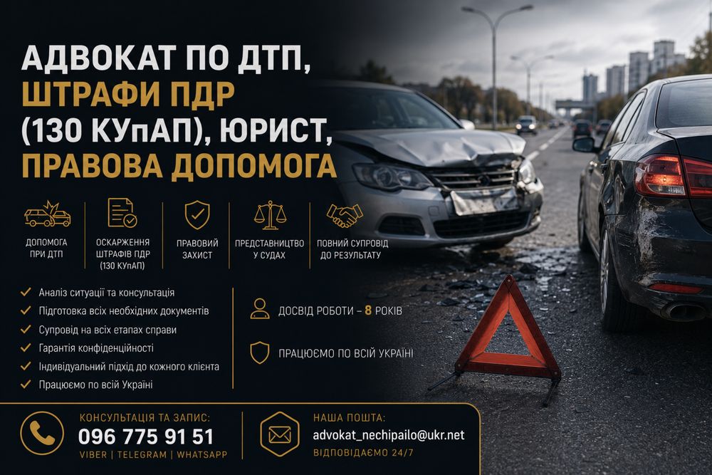 Адвокат по ДТП Київ/Ірпінь/Буча, штрафи ПДР, юрист.