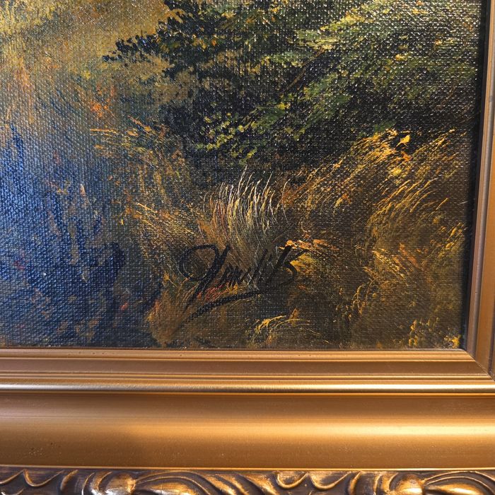 Obraz na płótnie góry jezioro złota rama