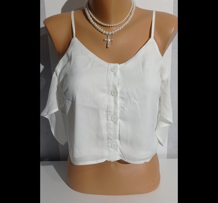 Bluzka biała crop top na ramiączkach odkryte ramiona z krótkim rękawem