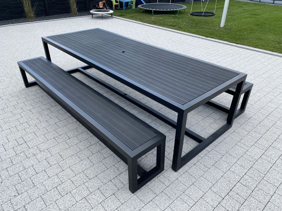 Meble ogrodowe metalowe stalowe nowoczesne czarne duzy zestaw 315cm