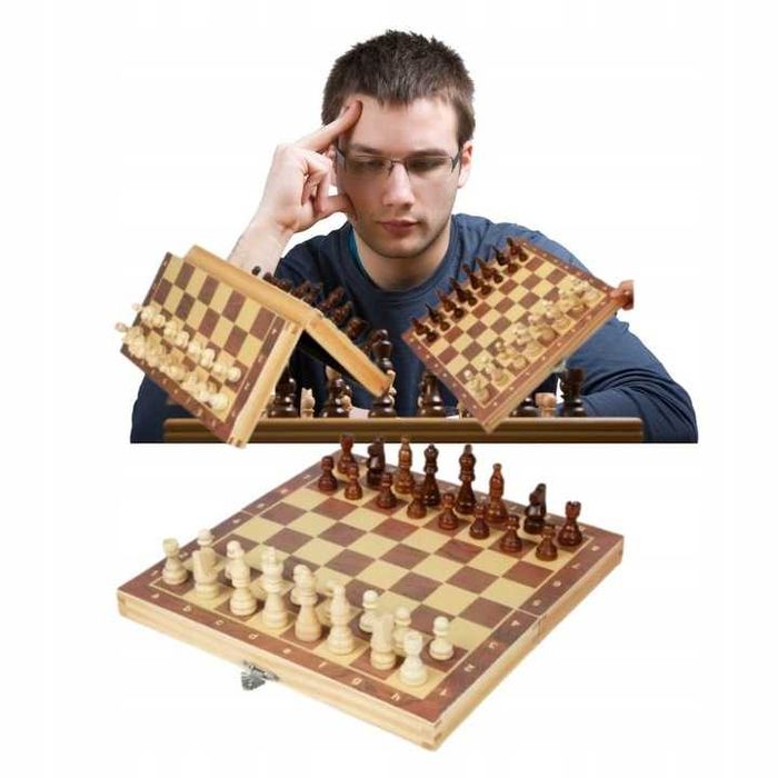 Gra w SZACHY WARCABY TRYTRAK 34 X 34 cm. Drewniane Zamykane 3w1 DUŻE